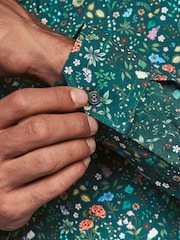 Navy Blue Floral Slim Fit Printed Long Sleeve Single Cuff Formal 100% Cotton Shirt - Image 4 of 7