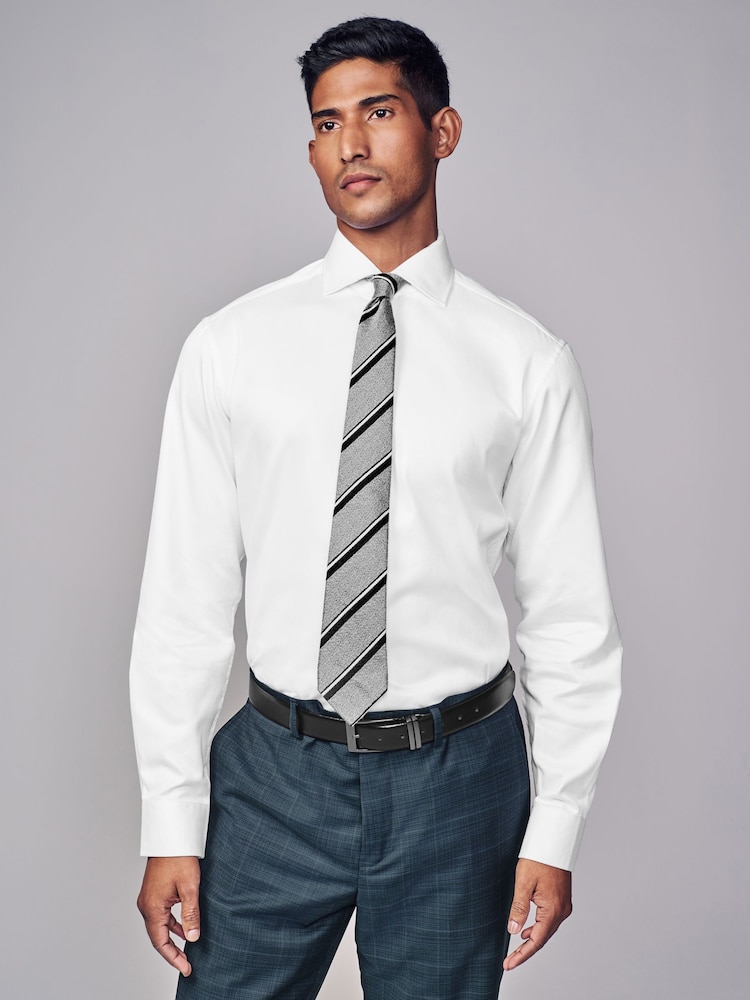 White Slim Fit Signature Single Cuff Texture Pima Cotton Shirt With Cutaway Collar - Image 1 of 8 White Slim Fit Signature Single Cuff Texture Pima Cotton Shirt With Cutaway Collar - Image 1 of 8