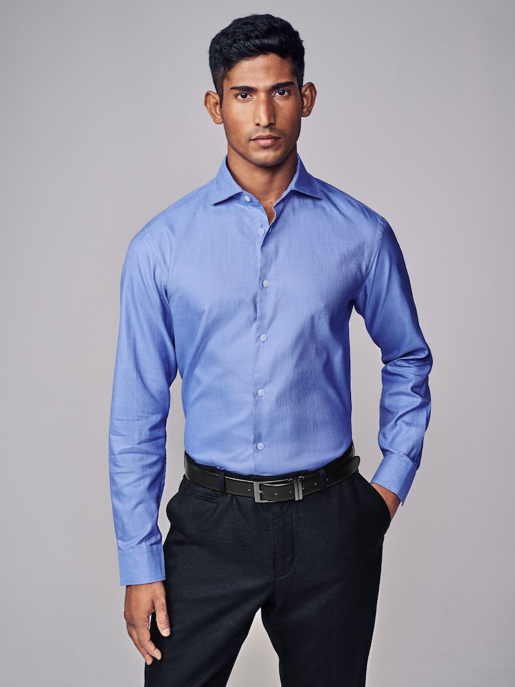 Mid Blue Slim Fit Signature Single Cuff Texture Pima Cotton Shirt With Cutaway Collar - Image 4 of 10