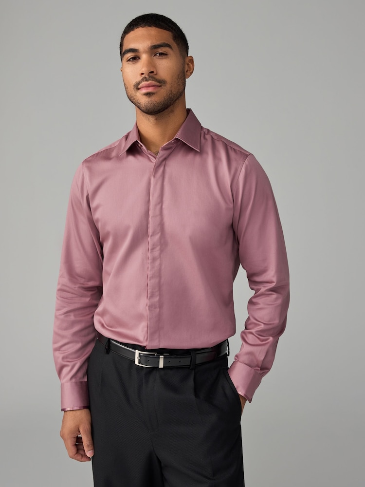 Dusky Pink Slim Fit 100% Cotton Long Sleeve Single Cuff Sateen Piped Shirt - Image 1 of 8