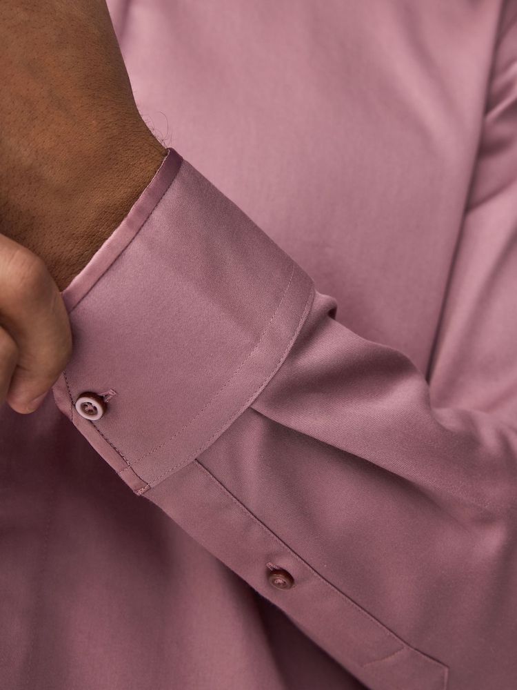 Dusky Pink Slim Fit 100% Cotton Long Sleeve Single Cuff Sateen Piped Shirt - Image 8 of 8