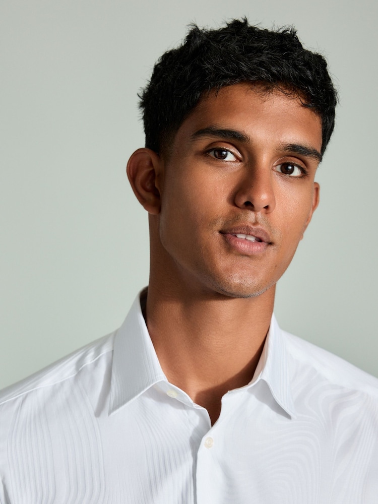White Swirl Jacquard Slim Fit Single Cuff Occasion 100% Cotton Shirt - Image 1 of 8