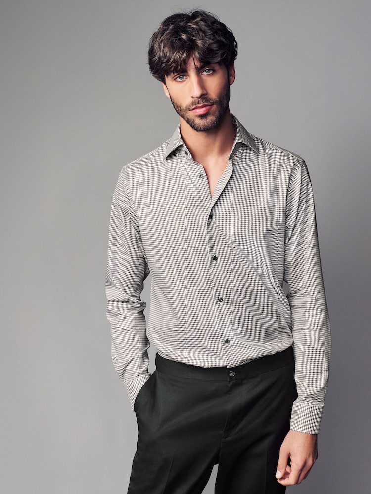 Neutral Brown Slim Fit 100% Cotton Textured Single Cuff Shirt With Cutaway Collar - Image 1 of 8