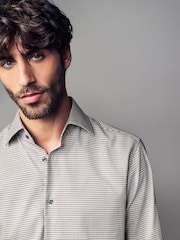 Neutral Brown Slim Fit 100% Cotton Textured Single Cuff Shirt With Cutaway Collar - Image 5 of 8