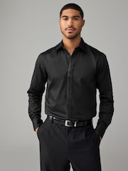 Black Regular Fit 100% Cotton Long Sleeve Single Cuff Sateen Piped Shirt - Image 1 of 8