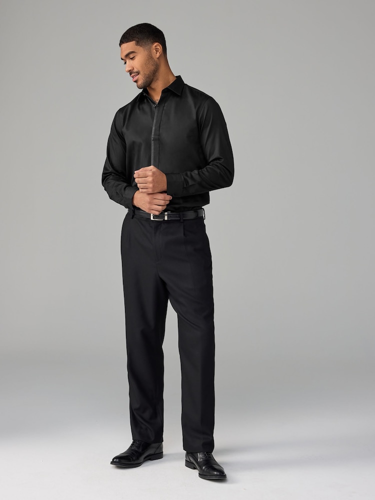 Black Regular Fit 100% Cotton Long Sleeve Single Cuff Sateen Piped Shirt - Image 2 of 8