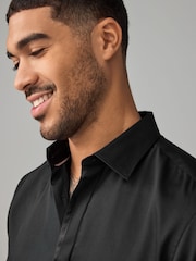 Black Regular Fit 100% Cotton Long Sleeve Single Cuff Sateen Piped Shirt - Image 4 of 8