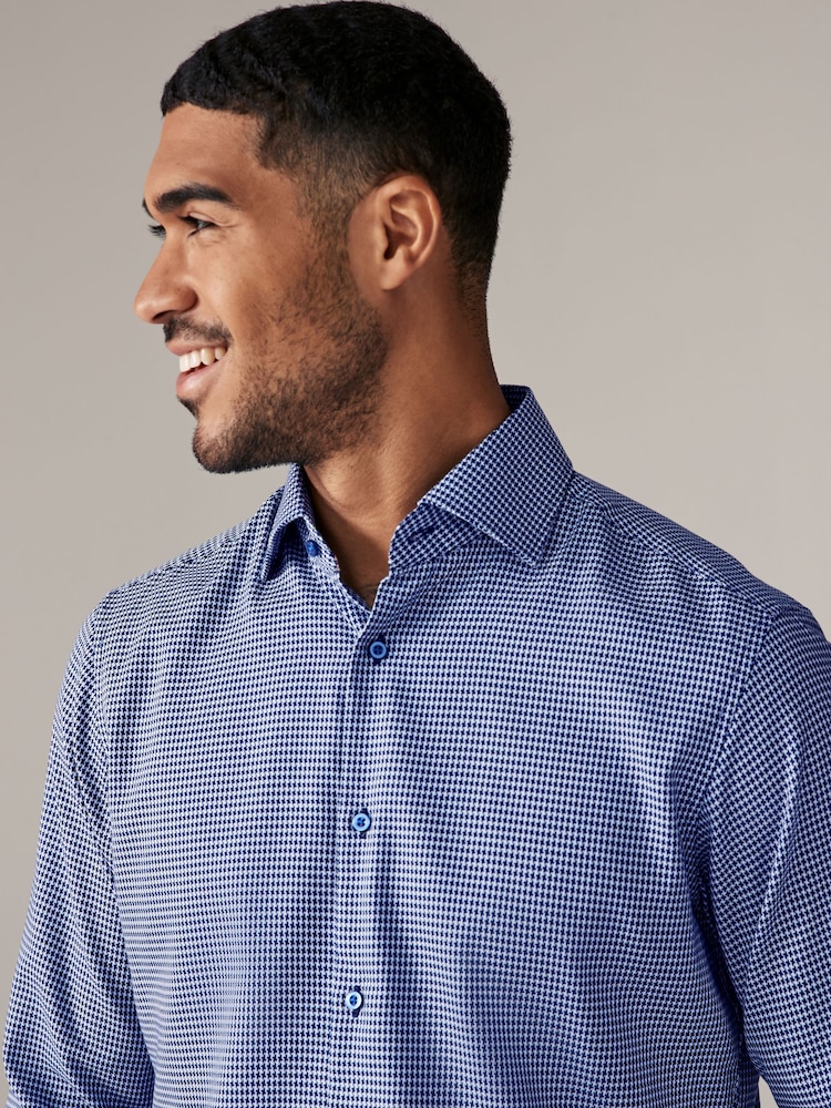 Blue Slim Fit 100% Cotton Textured Single Cuff Shirt With Cutaway Collar - Image 1 of 6