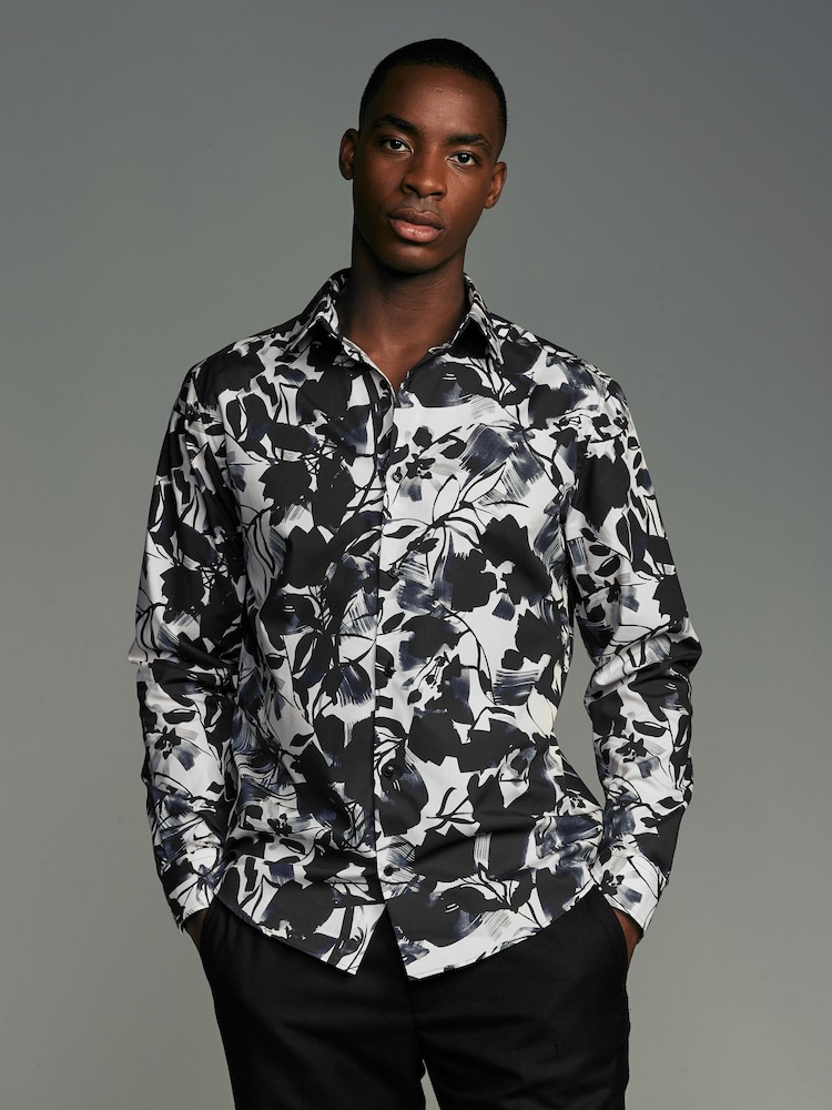 Buy Black/White Floral Print Regular Fit 100% Cotton Long Sleeves