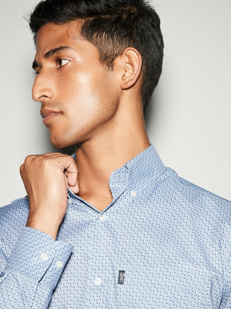 Dusky Blue Dot Print Regular Fit Easy Iron Button Down Oxford Shirt - Image 1 of 5