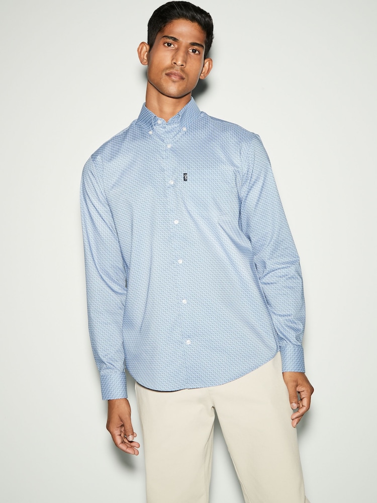 Dusky Blue Dot Print Regular Fit Easy Iron Button Down Oxford Shirt - Image 3 of 5