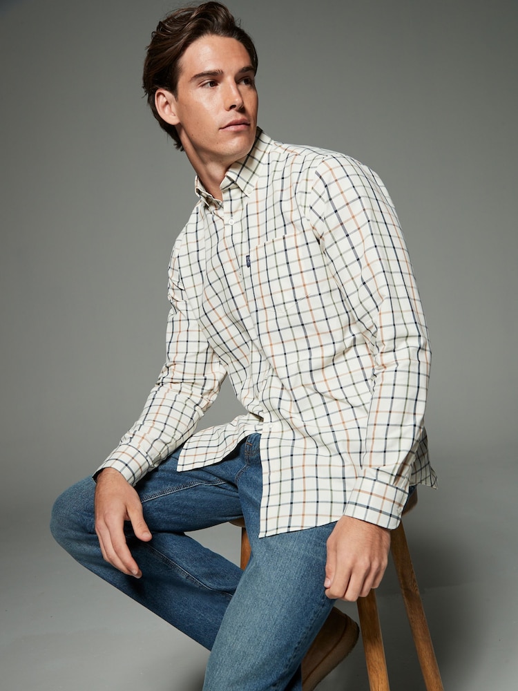 Ecru Cream Tattersall Check Regular Fit Easy Iron Button Down Oxford Shirt - Image 1 of 5
