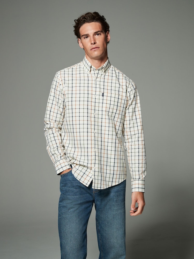 Ecru Cream Tattersall Check Regular Fit Easy Iron Button Down Oxford Shirt - Image 2 of 5