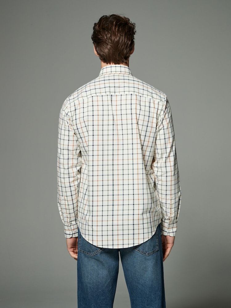Ecru Cream Tattersall Check Regular Fit Easy Iron Button Down Oxford Shirt - Image 3 of 5