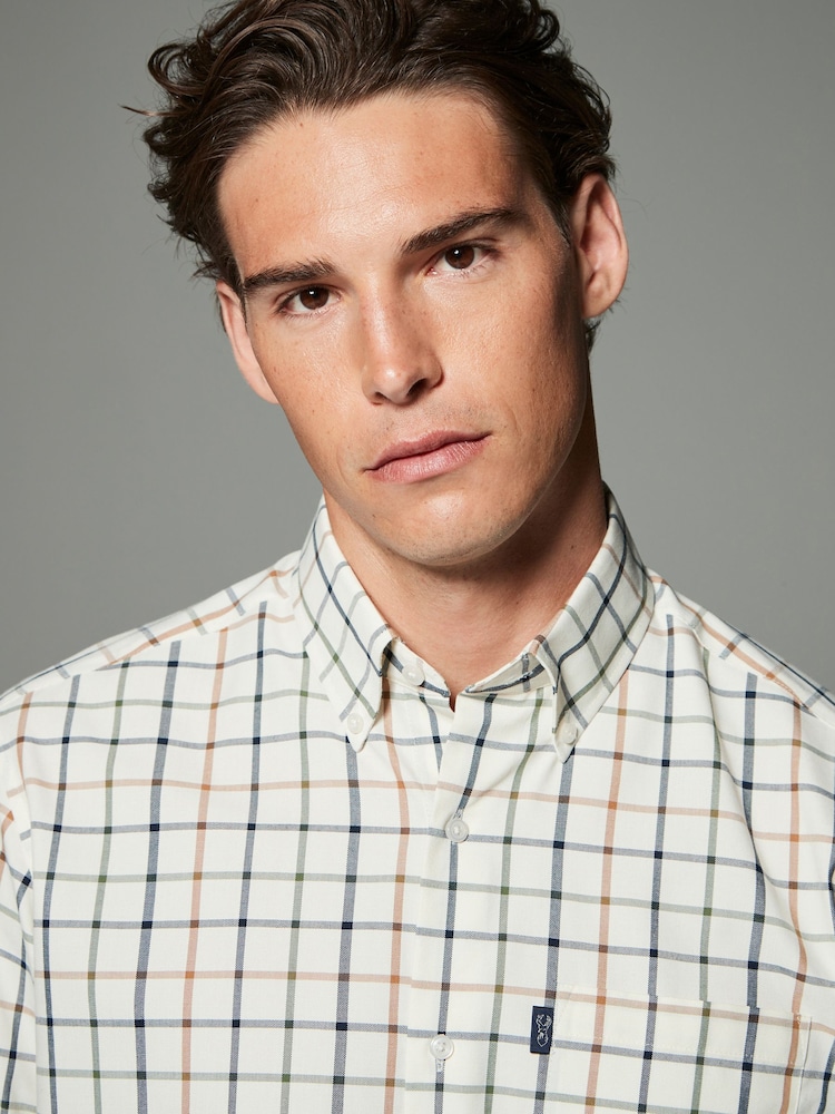 Ecru Cream Tattersall Check Regular Fit Easy Iron Button Down Oxford Shirt - Image 4 of 5