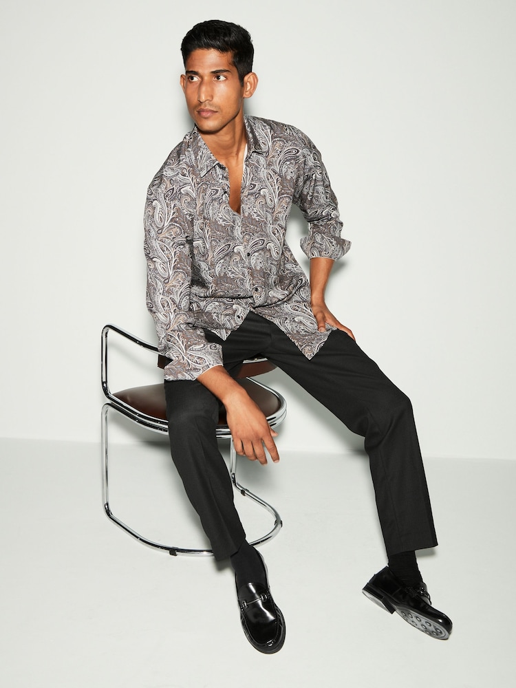 Black/Gold Paisley Regular Fit Printed Long Sleeve Single Cuff Formal Shirt - Image 2 of 8