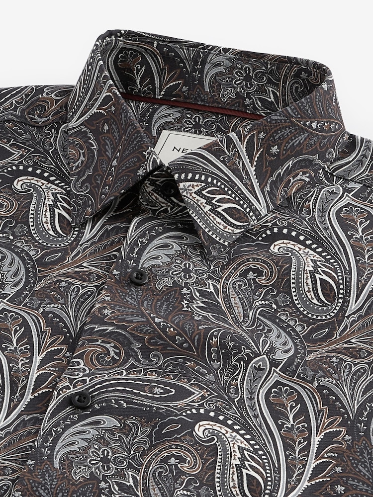 Black/Gold Paisley Regular Fit Printed Long Sleeve Single Cuff Formal Shirt - Image 8 of 8