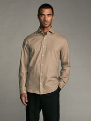 Neutral Brown Regular Fit Brushed Flannel Single Cuff Formal 100% Cotton Oxford Shirt - Image 1 of 8