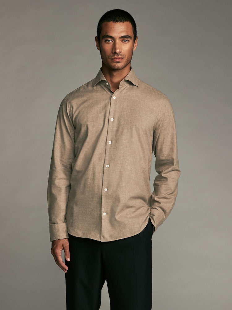 Neutral Brown Regular Fit Brushed Flannel Single Cuff Formal 100% Cotton Oxford Shirt - Image 1 of 8