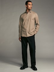 Neutral Brown Regular Fit Brushed Flannel Single Cuff Formal 100% Cotton Oxford Shirt - Image 2 of 8