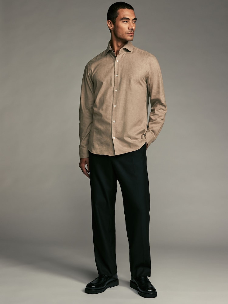 Neutral Brown Regular Fit Brushed Flannel Single Cuff Formal 100% Cotton Oxford Shirt - Image 2 of 8