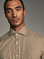 Neutral Brown Regular Fit Brushed Flannel Single Cuff Formal 100% Cotton Oxford Shirt - Image 4 of 8