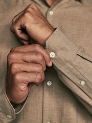 Neutral Brown Regular Fit Brushed Flannel Single Cuff Formal 100% Cotton Oxford Shirt - Image 5 of 8