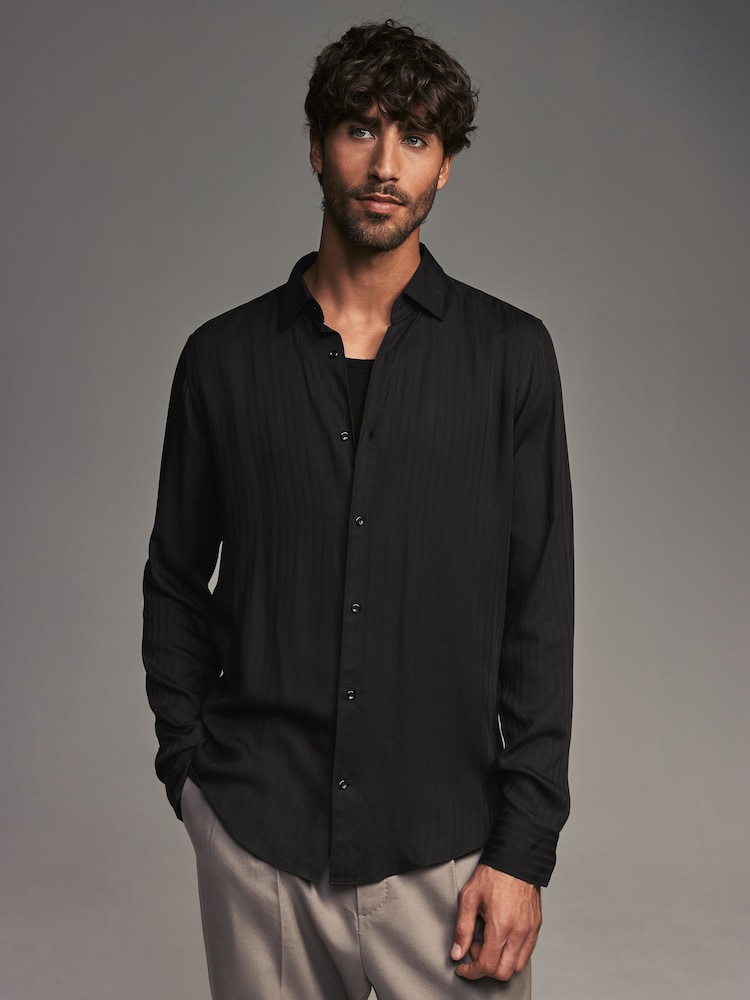 Black Regular Fit Satin Self Stripe Single Cuff Formal Shirt - Image 1 of 7