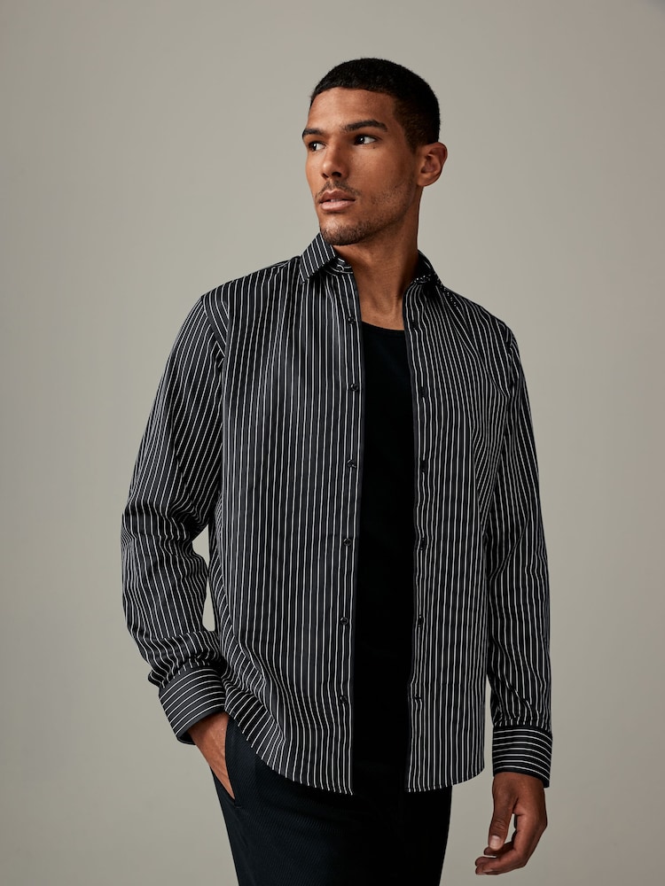 Black/White Stripe Regular Fit Cotton Formal 100% Cotton Shirt With Sateen Finish - Image 1 of 7 Black/White Stripe Regular Fit Cotton Formal 100% Cotton Shirt With Sateen Finish - Image 1 of 7