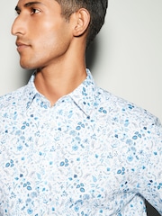 White/Blue Floral Print Regular Fit 100% Cotton Single Cuff Formal Shirt - Image 1 of 8