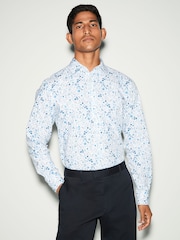 White/Blue Floral Print Regular Fit 100% Cotton Single Cuff Formal Shirt - Image 2 of 8
