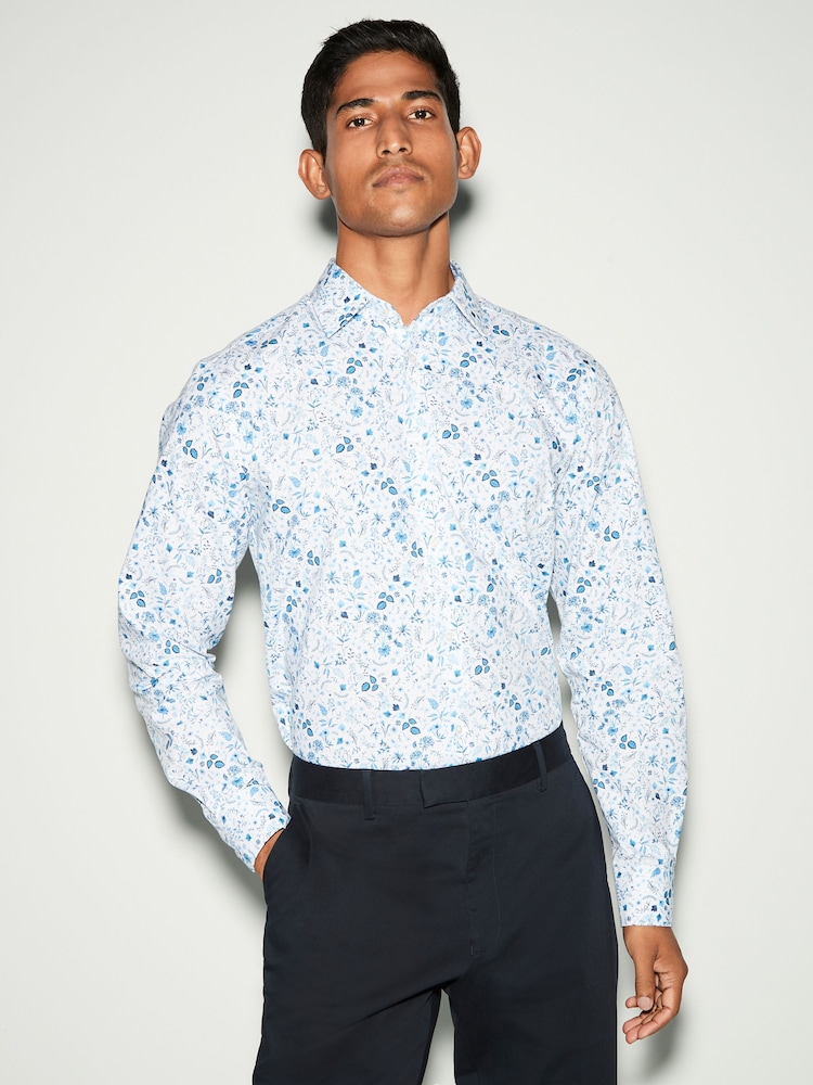 White/Blue Floral Print Regular Fit 100% Cotton Single Cuff Formal Shirt - Image 2 of 8