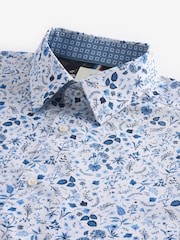White/Blue Floral Print Regular Fit 100% Cotton Single Cuff Formal Shirt - Image 7 of 8