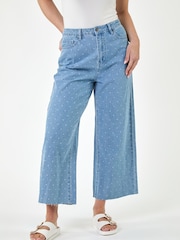 Roman Blue Denim Spot Print Frayed Edge Denim Trousers - Image 1 of 4