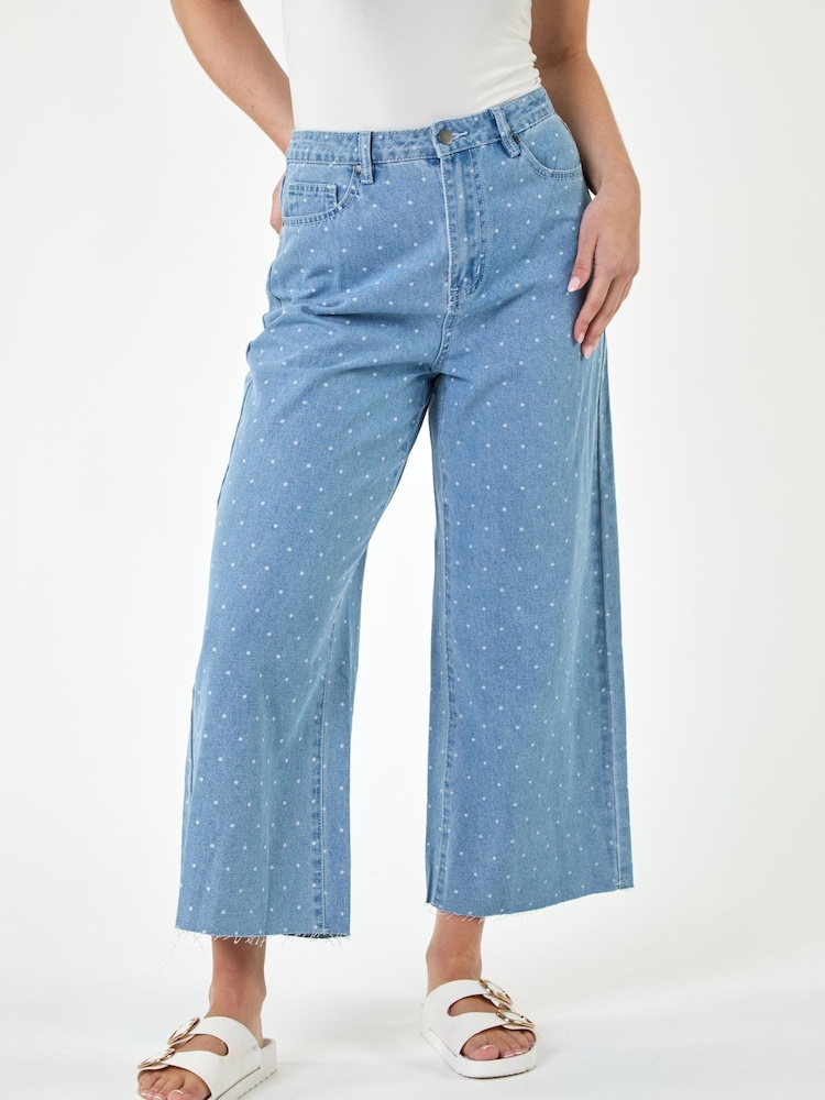 Roman Blue Denim Spot Print Frayed Edge Denim Trousers - Image 1 of 4 Roman Blue Denim Spot Print Frayed Edge Denim Trousers - Image 1 of 4