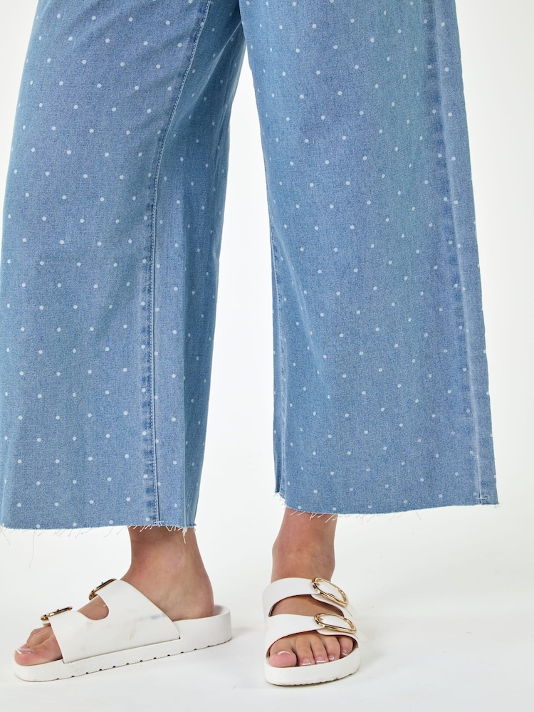 Roman Blue Denim Spot Print Frayed Edge Denim Trousers - Image 4 of 4 Roman Blue Denim Spot Print Frayed Edge Denim Trousers - Image 4 of 4