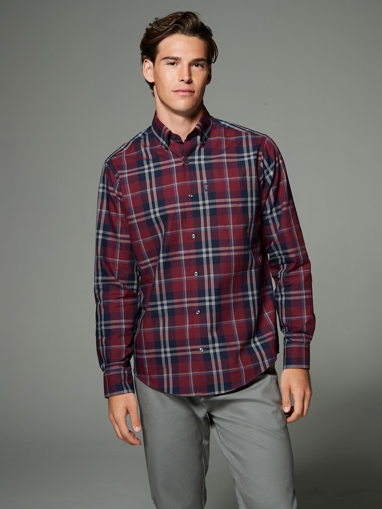 Burgundy Red Tartan Regular Fit Easy Iron Button Down Oxford Shirt - Image 1 of 7