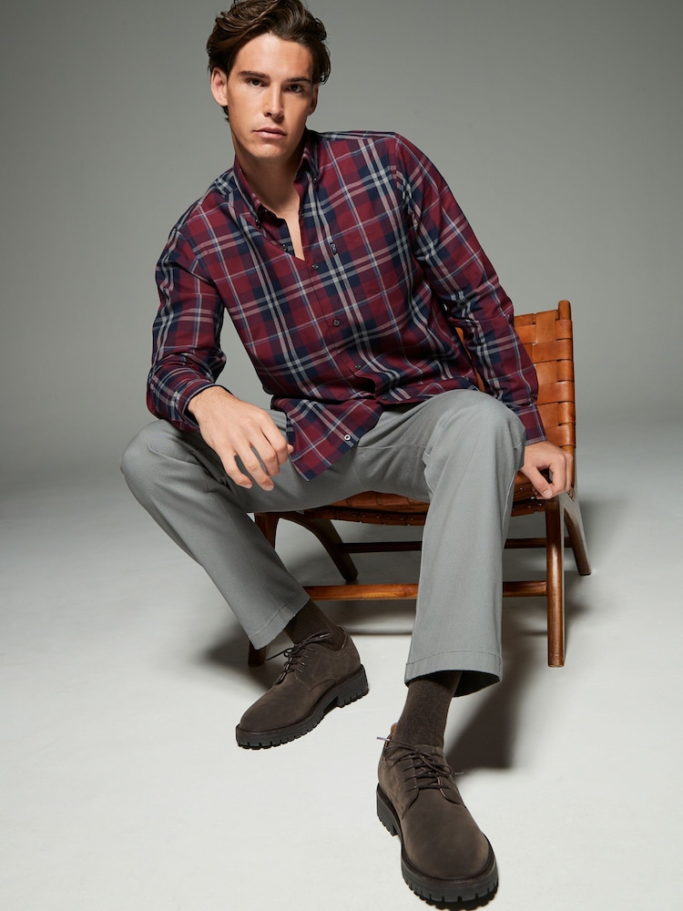 Burgundy Red Tartan Regular Fit Easy Iron Button Down Oxford Shirt - Image 2 of 7