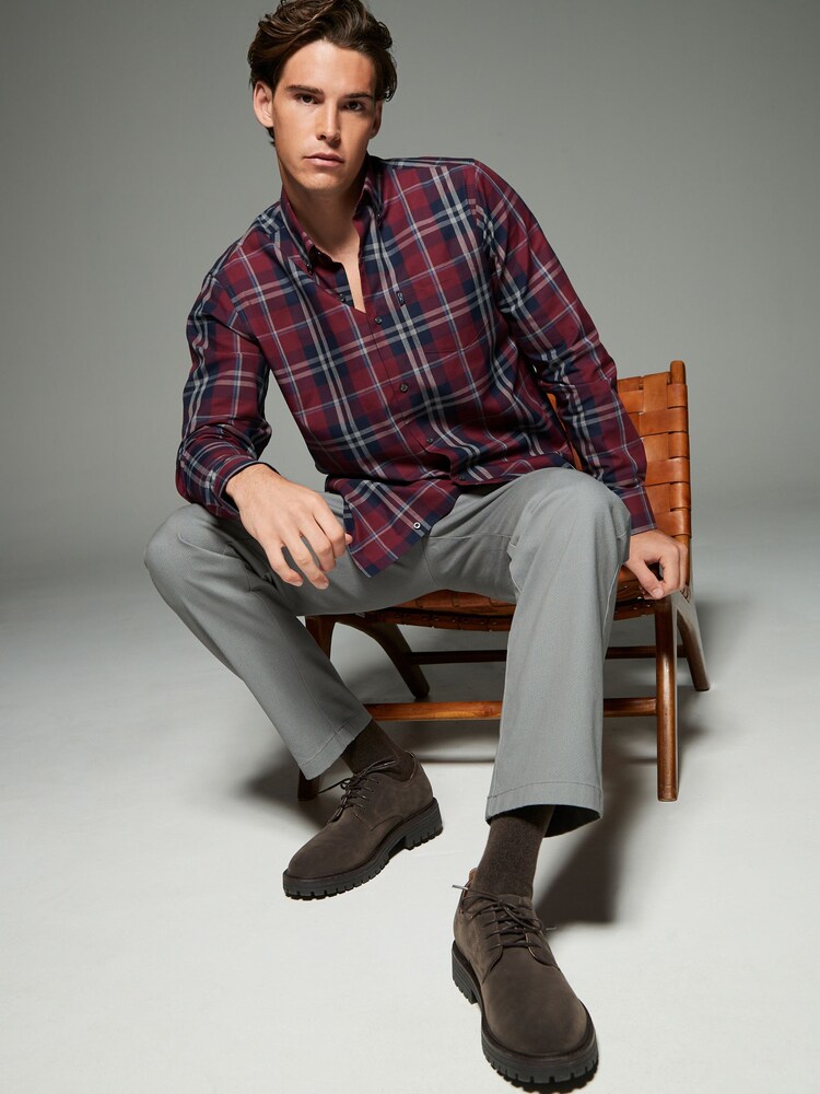Burgundy Red Tartan Regular Fit Easy Iron Button Down Oxford Shirt - Image 2 of 7 Burgundy Red Tartan Regular Fit Easy Iron Button Down Oxford Shirt - Image 2 of 7