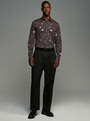 Burgundy Red Pressed Flower Print Regular Fit 100% Cotton Long Sleeves Single Cuff Formal Shirt - Image 1 of 14