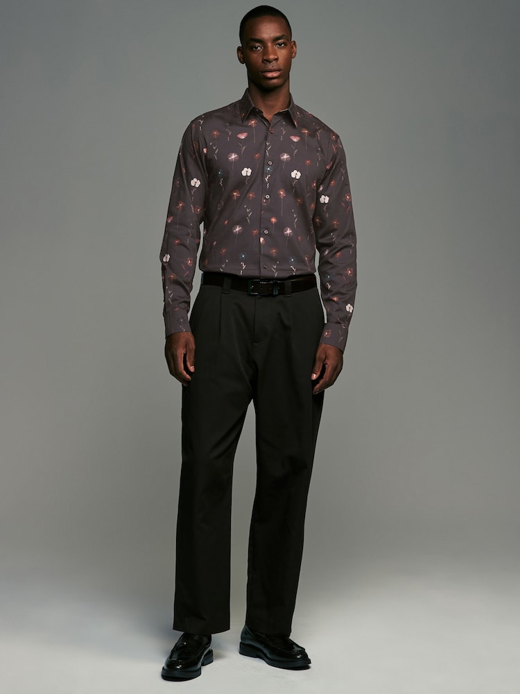 Burgundy Red Pressed Flower Print Regular Fit 100% Cotton Long Sleeves Single Cuff Formal Shirt - Image 1 of 14 Burgundy Red Pressed Flower Print Regular Fit 100% Cotton Long Sleeves Single Cuff Formal Shirt - Image 1 of 14
