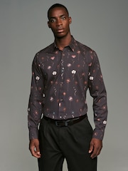 Burgundy Red Pressed Flower Print Regular Fit 100% Cotton Long Sleeves Single Cuff Formal Shirt - Image 2 of 14