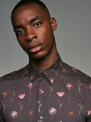 Burgundy Red Pressed Flower Print Regular Fit 100% Cotton Long Sleeves Single Cuff Formal Shirt - Image 5 of 14