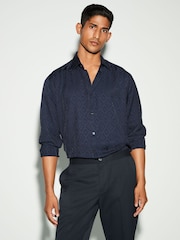 Navy Blue Jacquard Regular Fit Long Sleeve Single Cuff Shirt - Image 1 of 8