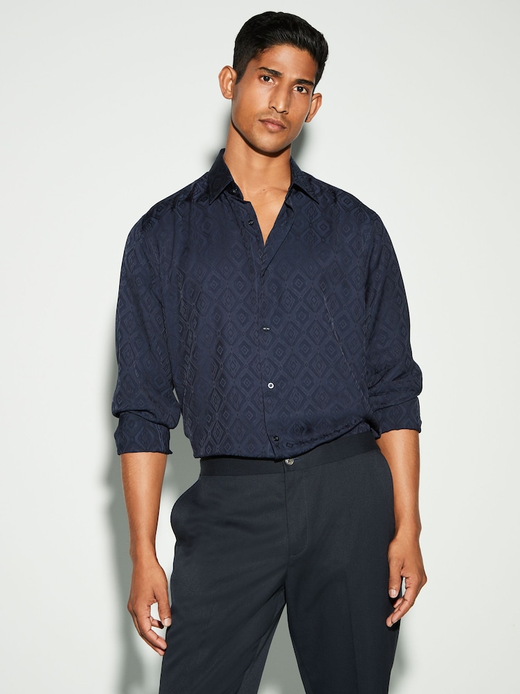 Navy Blue Jacquard Regular Fit Long Sleeve Single Cuff Shirt - Image 1 of 8 Navy Blue Jacquard Regular Fit Long Sleeve Single Cuff Shirt - Image 1 of 8
