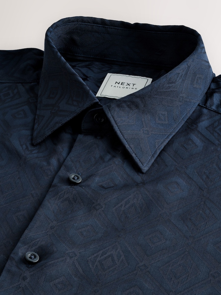 Navy Blue Jacquard Regular Fit Long Sleeve Single Cuff Shirt - Image 8 of 8 Navy Blue Jacquard Regular Fit Long Sleeve Single Cuff Shirt - Image 8 of 8