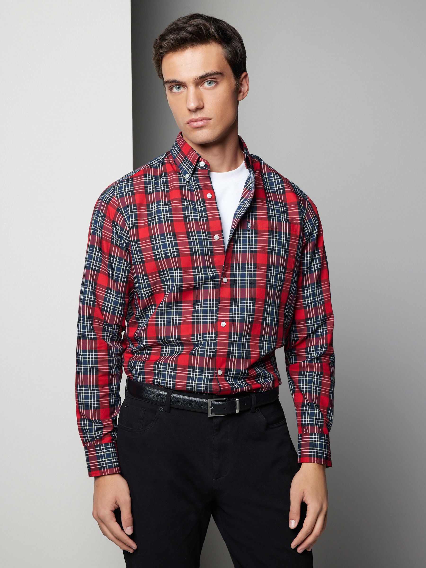 Red Tartan Check Regular Fit Easy Iron Button Down Oxford Shirt