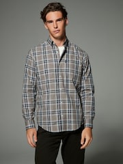 Neutral Brown/Grey Tartan Check Regular Fit Easy Iron Button Down Oxford Shirt - Image 1 of 7
