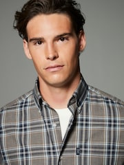 Neutral Brown/Grey Tartan Check Regular Fit Easy Iron Button Down Oxford Shirt - Image 4 of 7