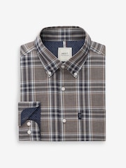Neutral Brown/Grey Tartan Check Regular Fit Easy Iron Button Down Oxford Shirt - Image 5 of 7
